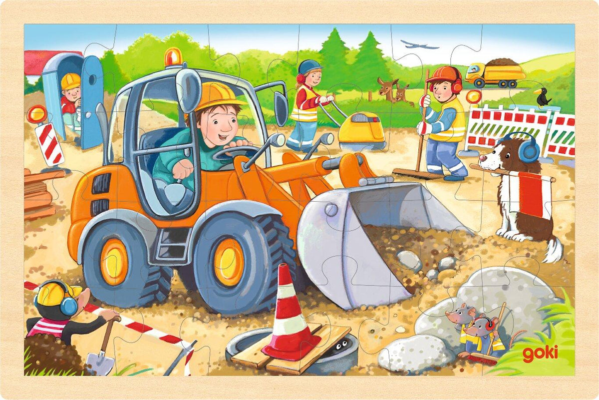 Einlegepuzzle Baustelle mit Radlader und Hund von goki