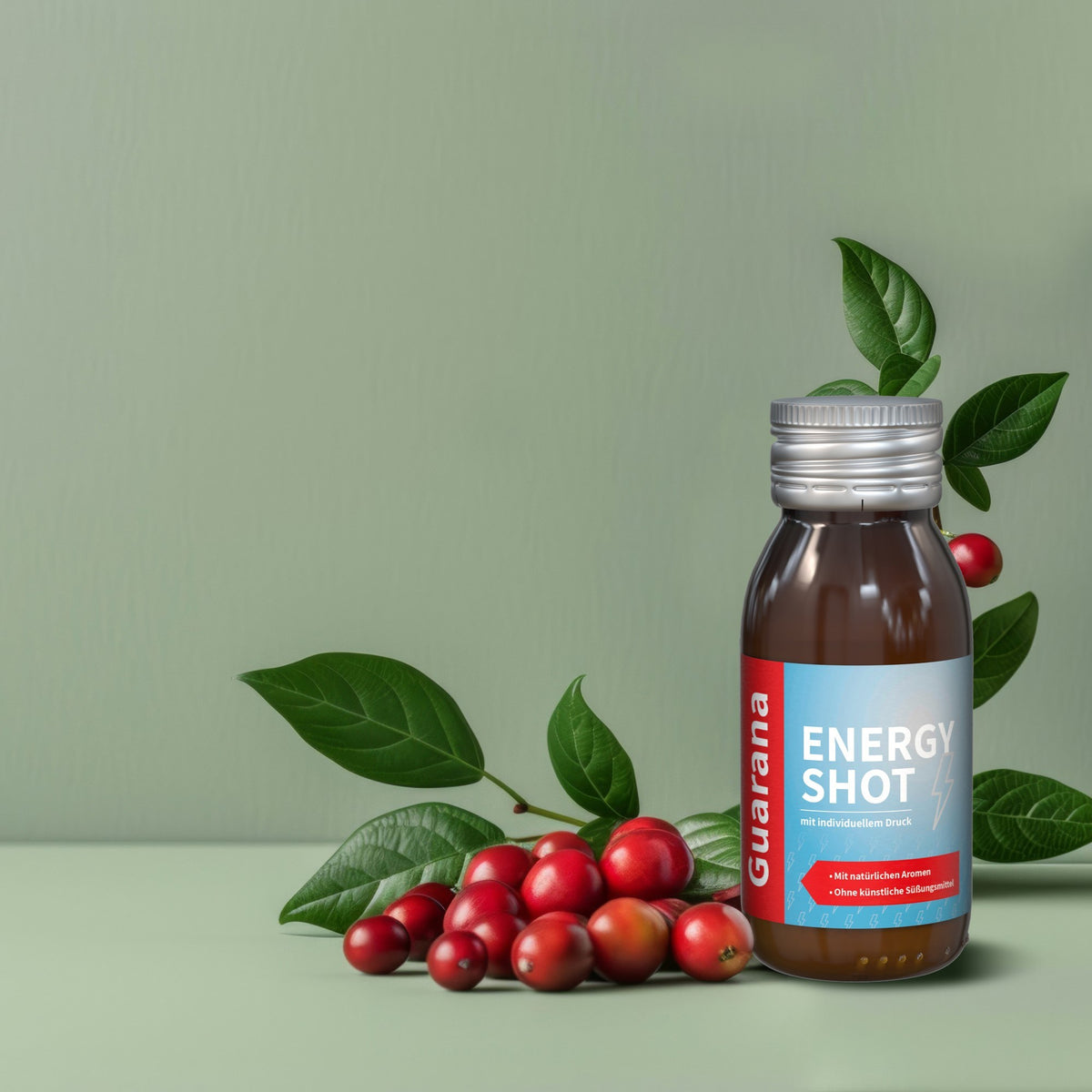 Energy Shot Guarana 60 ml Flasche aus Glas mit Etikett