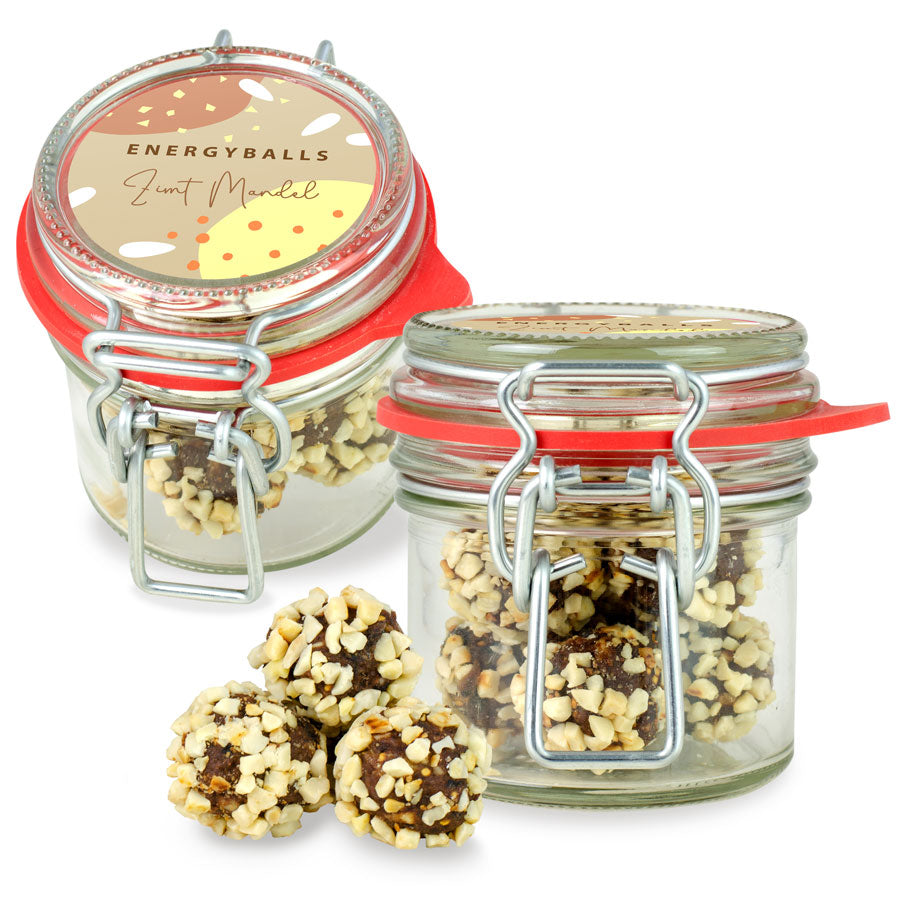 Energyballs mit Zimt und Mandel im Mini Bügelglas 60 g mit Logo – Beispielmotiv