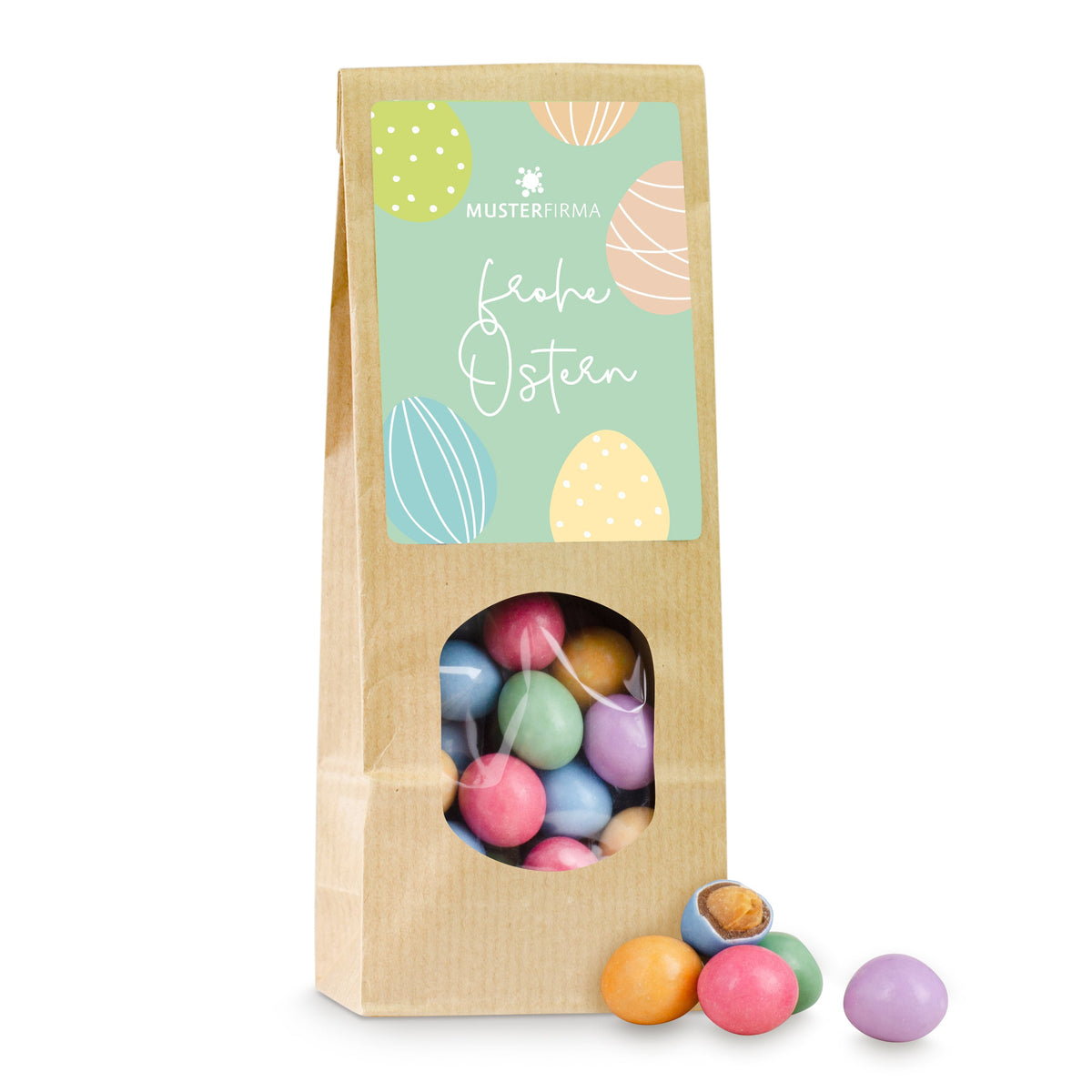 Erdnüsse in Zartbitterschokolade zu Ostern im Papierbeutel – Beispielmotiv