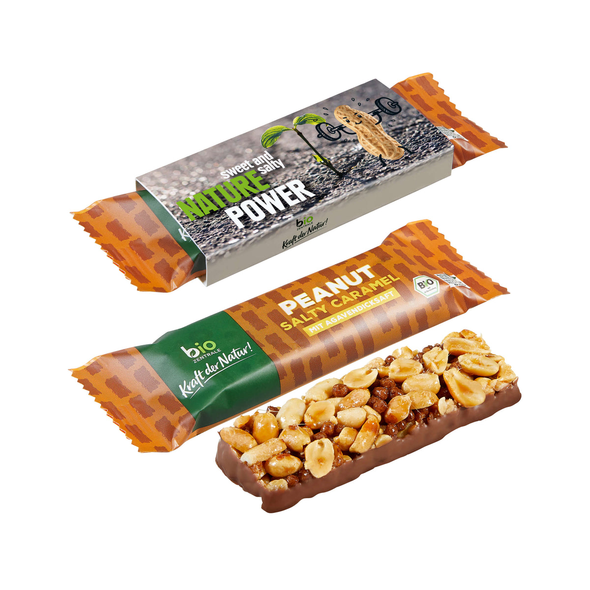 Erdnussriegel Salty Caramel im Kartonschuber mit Werbedruck