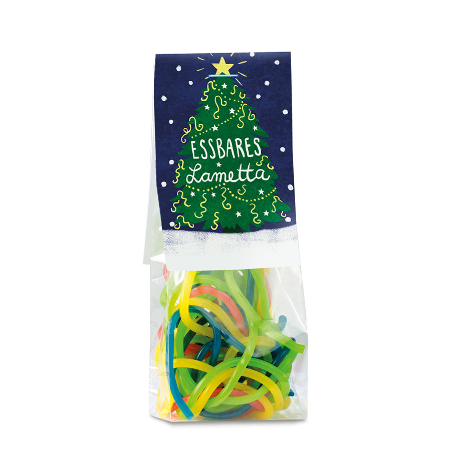 Essbares Lametta aus Fruchtgummi im Beutel 50 g mit Logo – Beispielmotiv