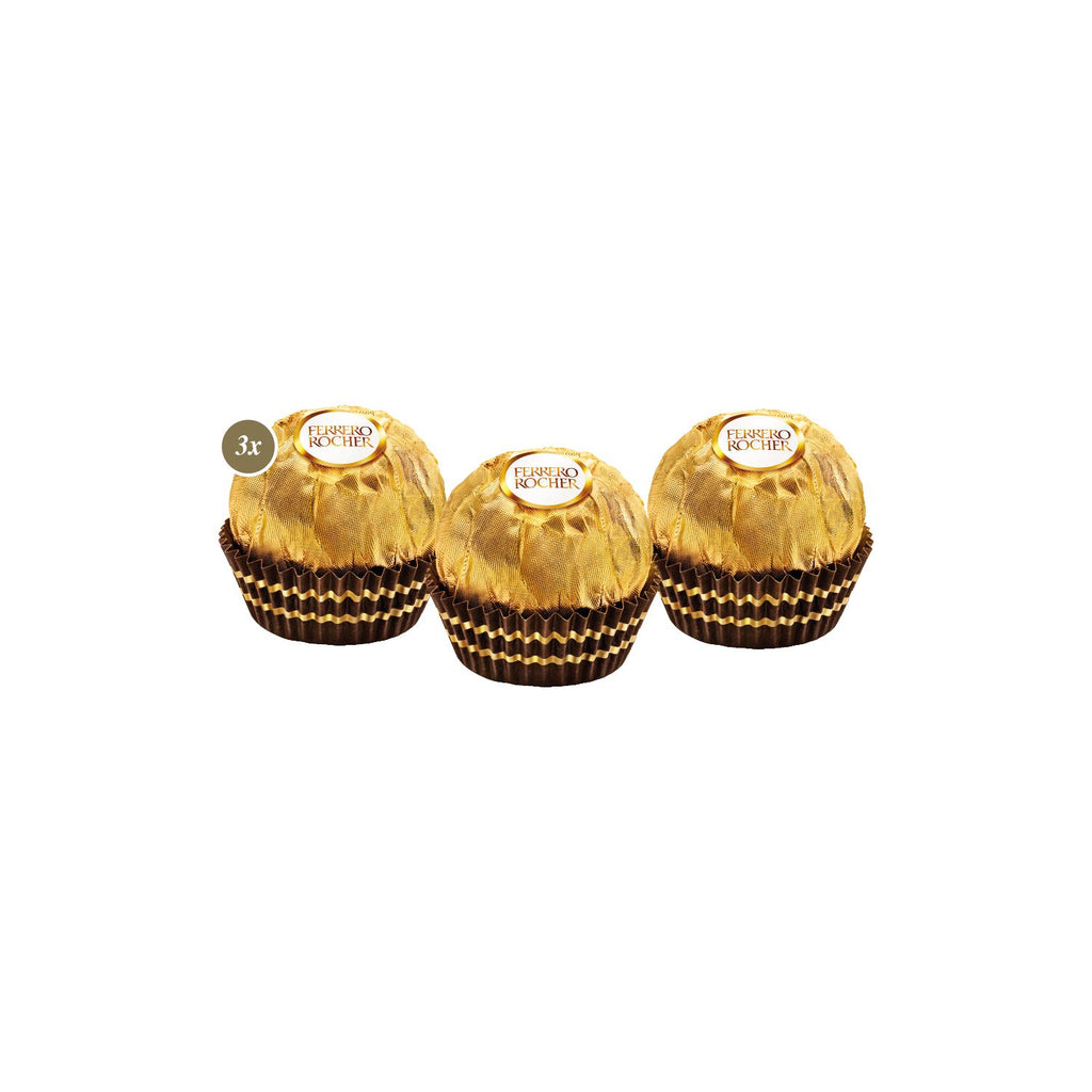 Drei Ferrero Rocher Pralinen (ca. 36 g) in der Verpackung, die zarte Schokolade, knusprige Nüsse und feines Füllungserlebnis vereinen.