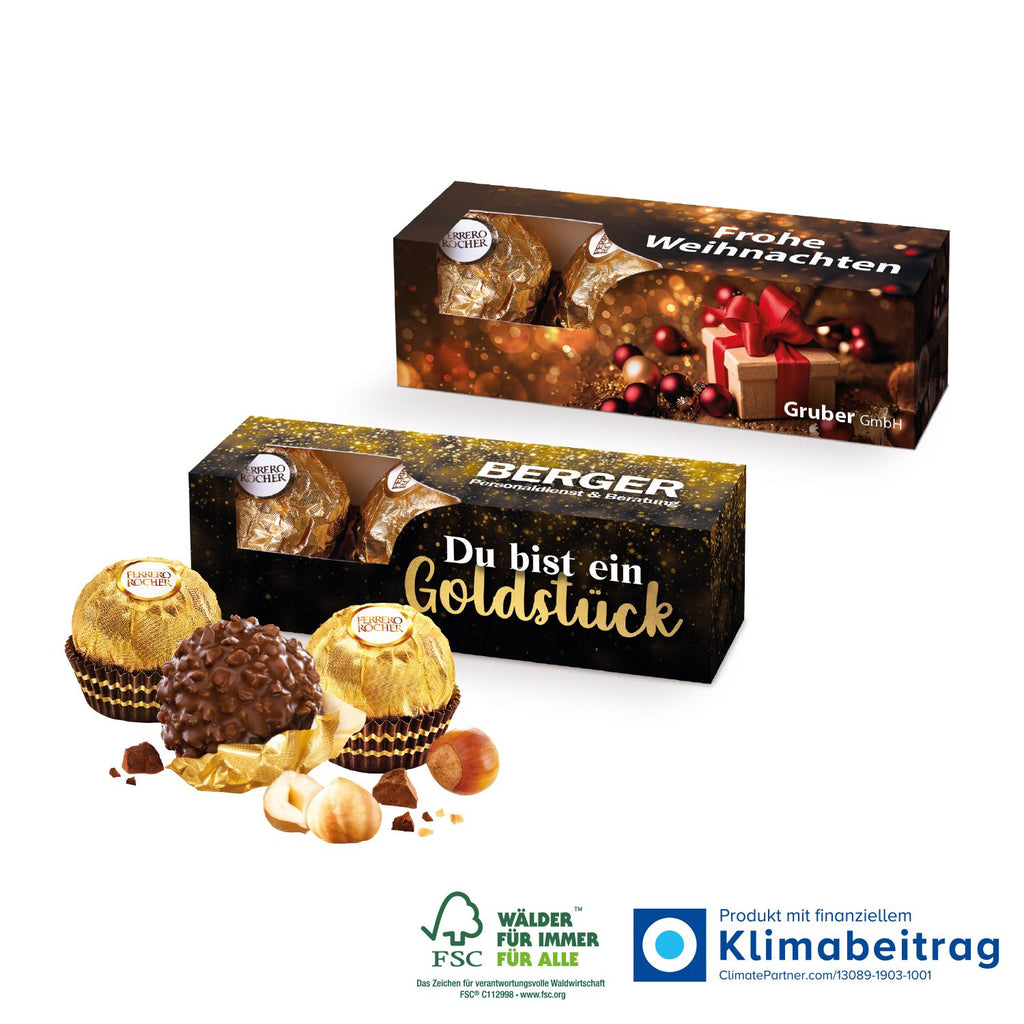 FSC®-zertifizierte Verpackung der Ferrero Rocher 3er, umweltfreundlich und nachhaltig.