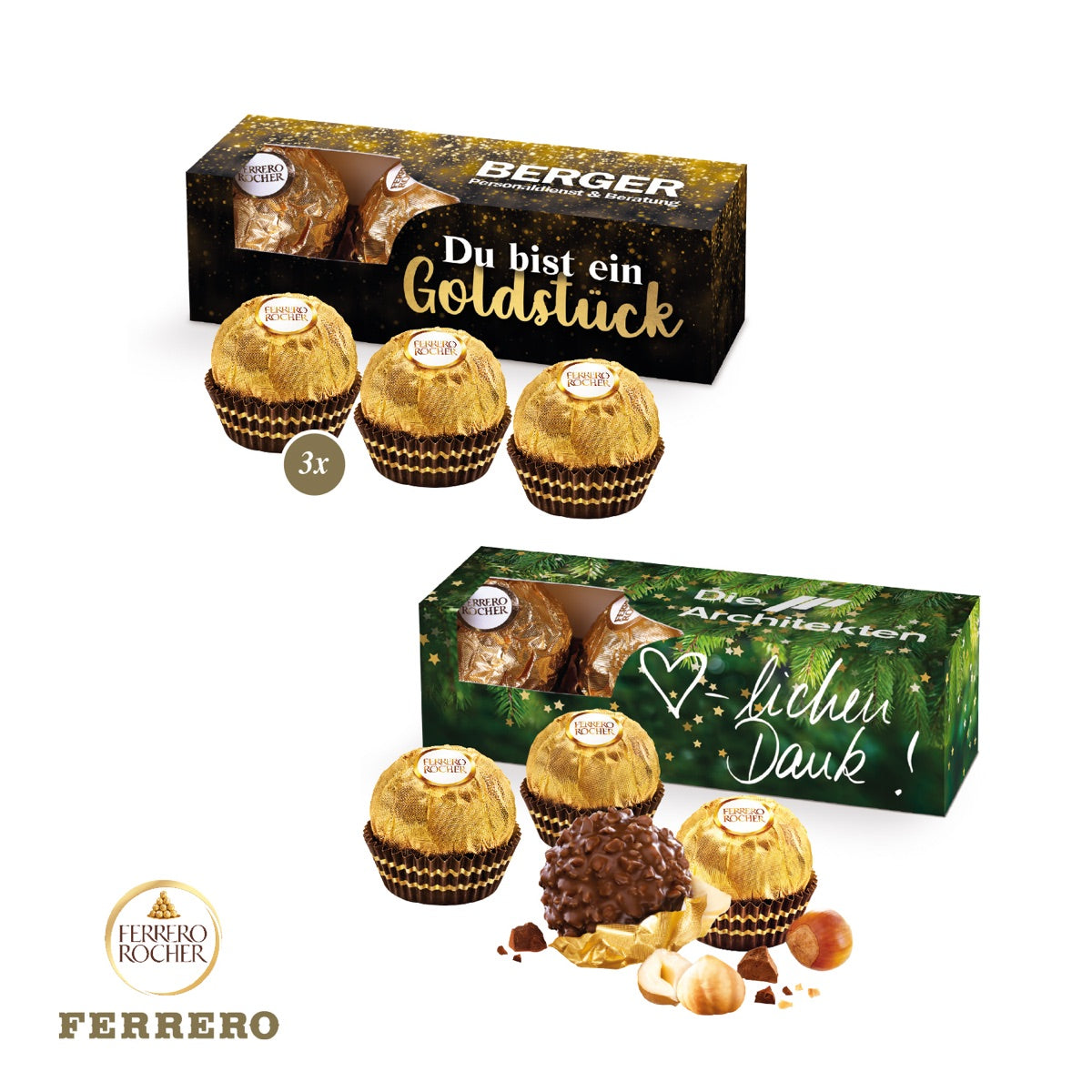 Längliche Werbekartonage mit drei Ferrero Rocher Pralinen und Weihnachtsdruck