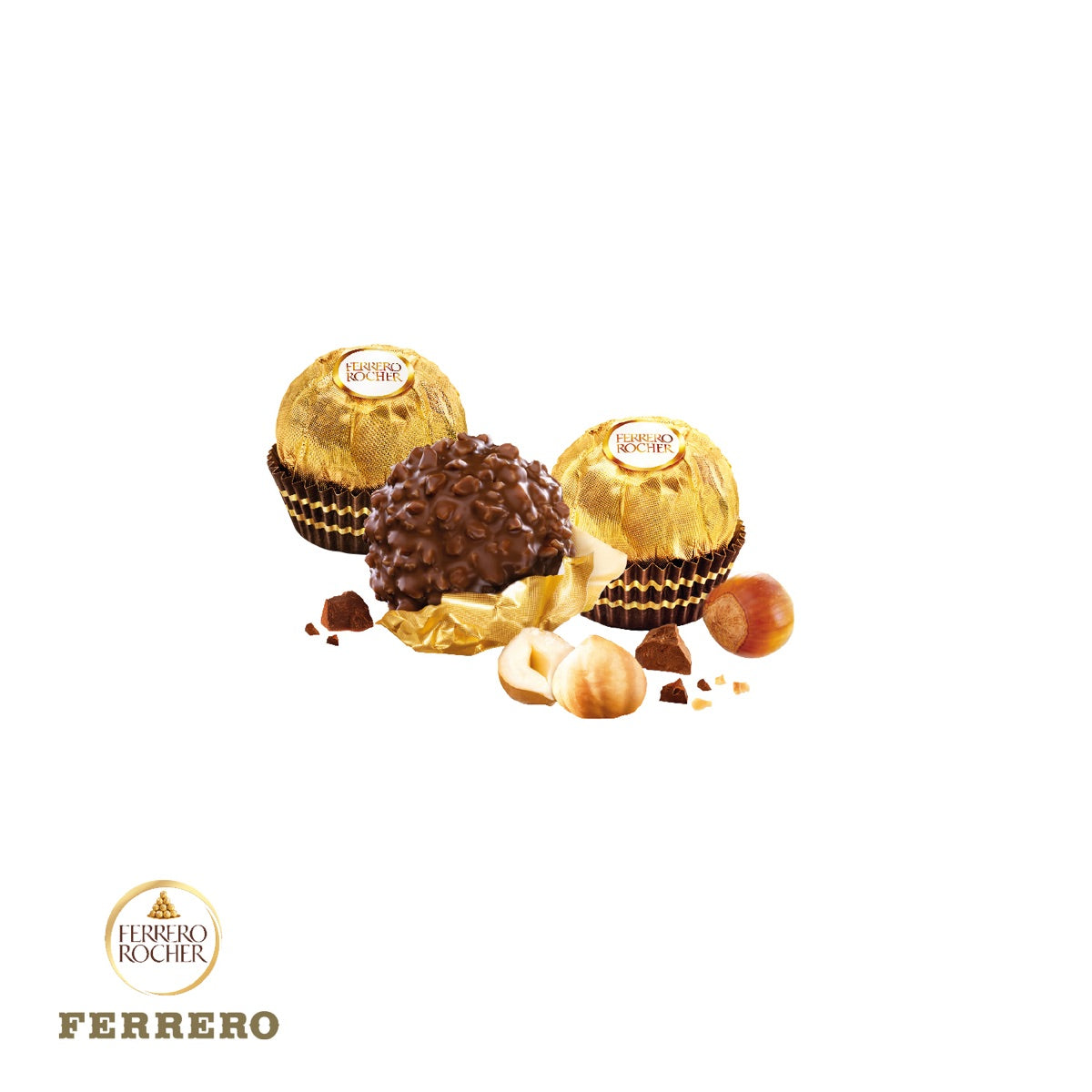Geöffnetes Präsent mit drei Ferrero Rocher Pralinen