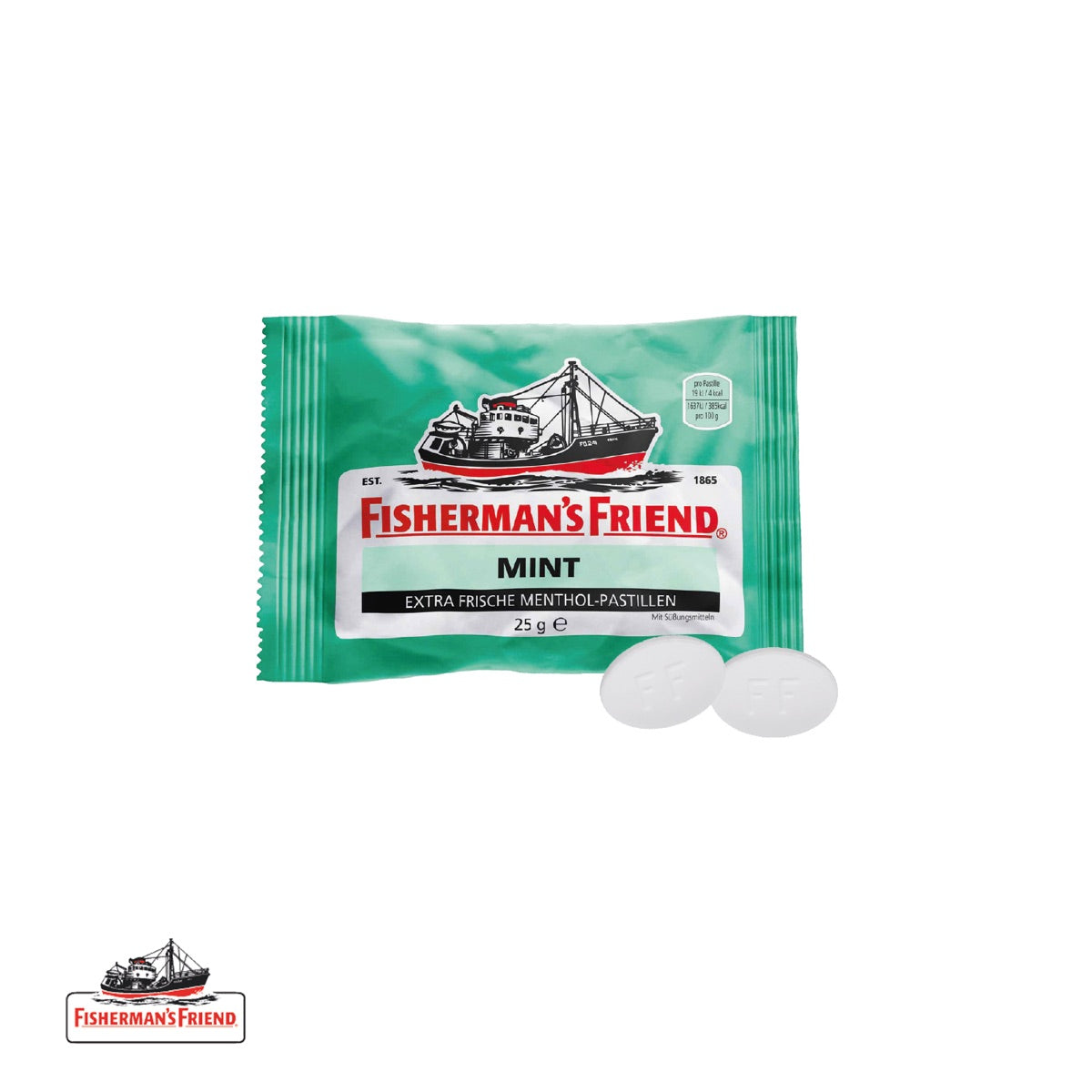 Werbekartonage geöffnet mit einer Dose Fisherman´s Friend Mint