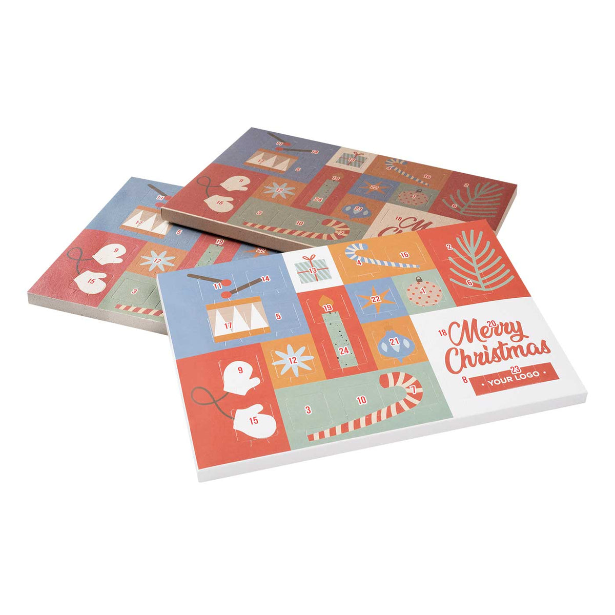 Flacher Adventskalender mit 24 Türchen und Logo, Vorderseite