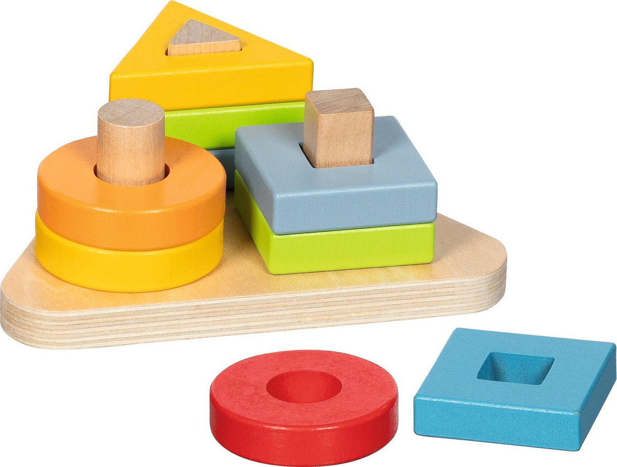 Formensortierspiel mit dreieckiger Holzplatte und Steckformen – Ansicht