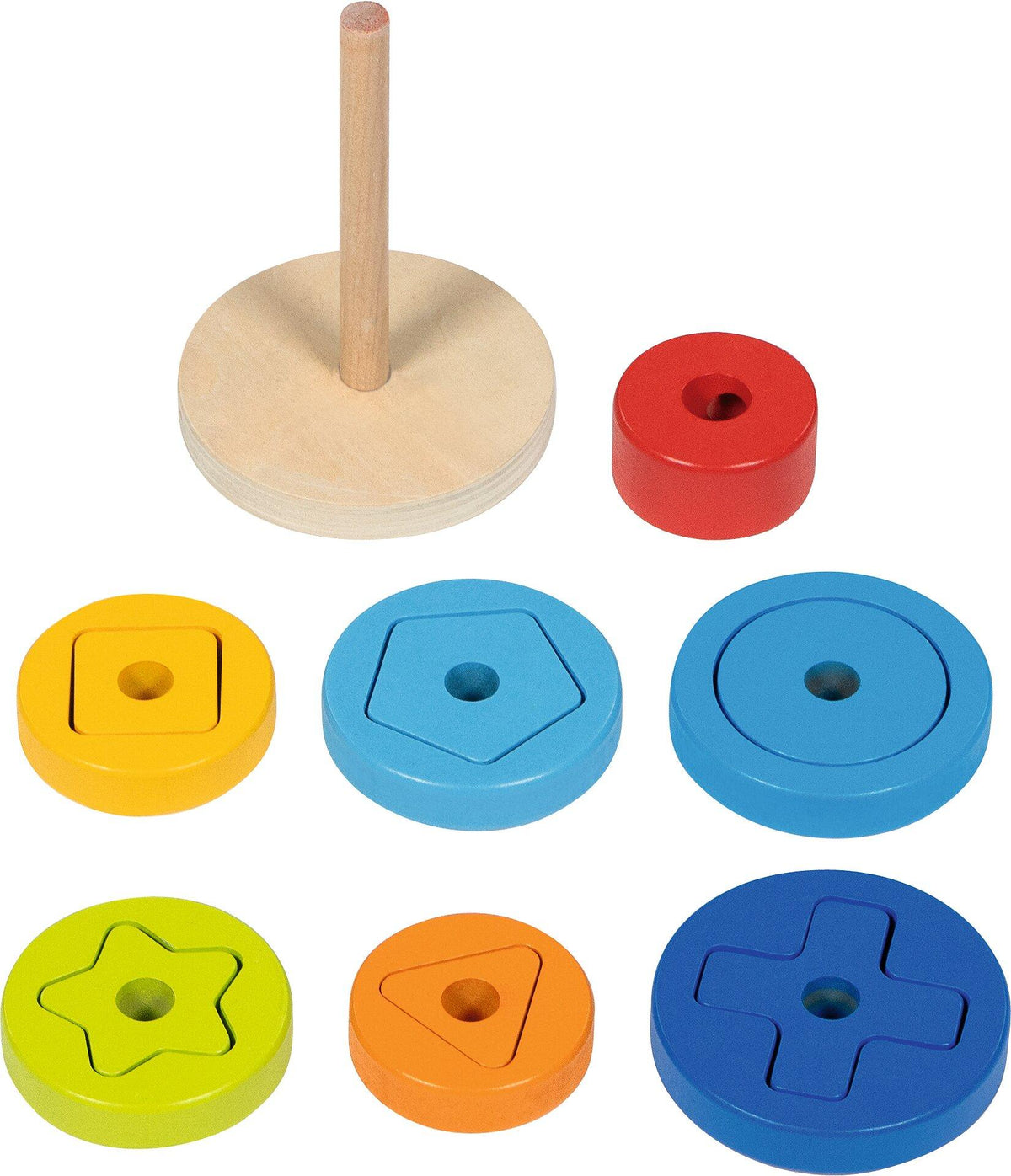 Formenstapelturm aus Holz in Regenbogenfarben von goki – Gesamtansicht