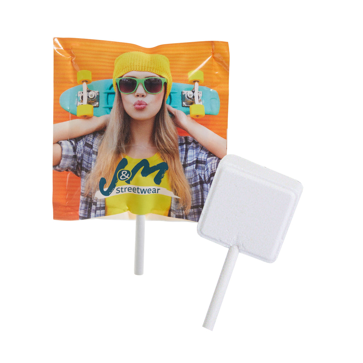 Frigeo Traubenzucker Lolly Erdbeere mit Logo, 60 x 60 mm