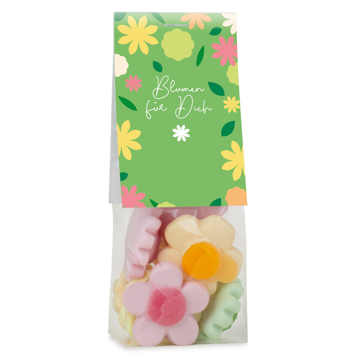 Fruchtgummi Blumen im Tütchen 40 g mit Logo – Beispielmotiv