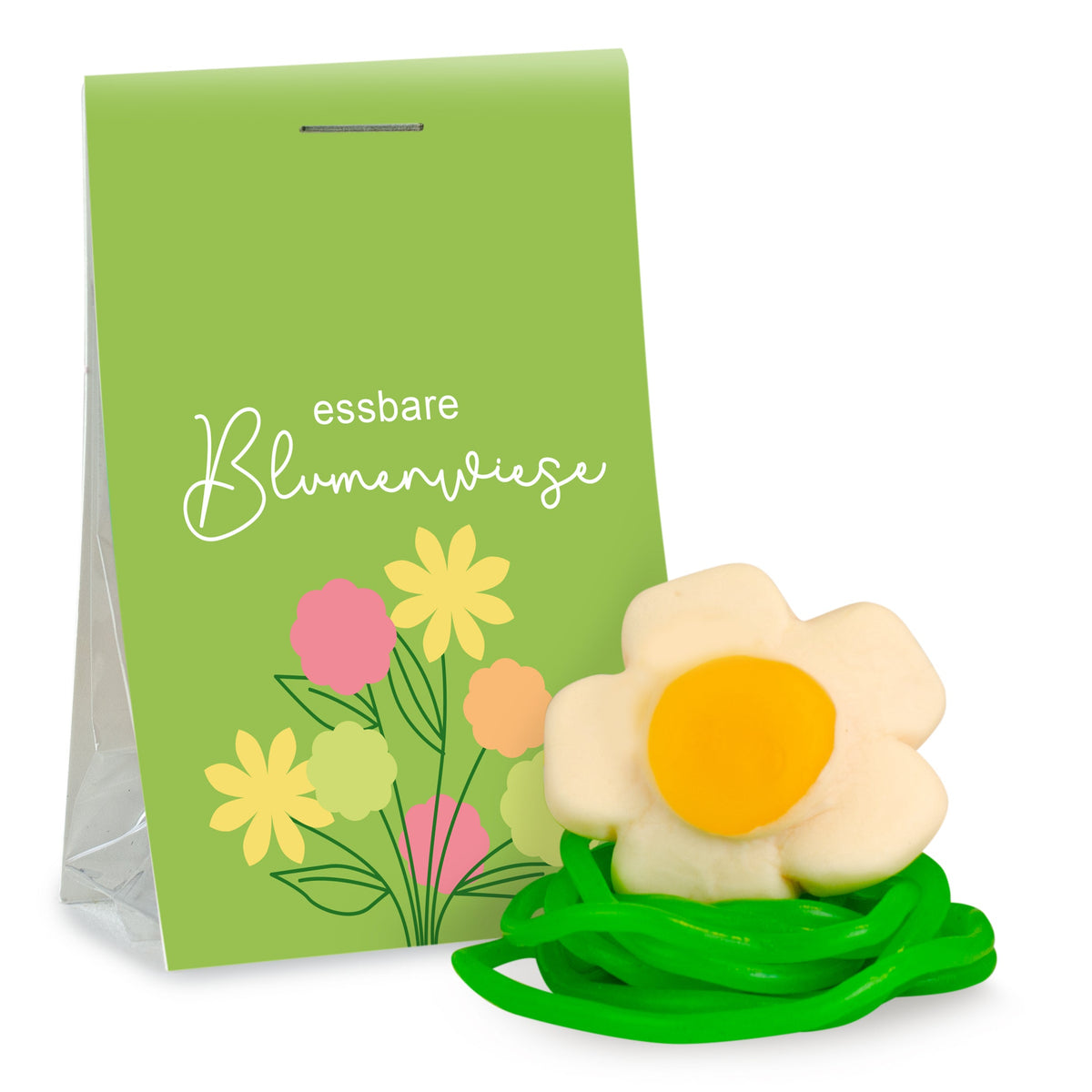 Fruchtgummi Blumenwiese mit Apfelschnüren 15 g mit Logo – Beispielmotiv