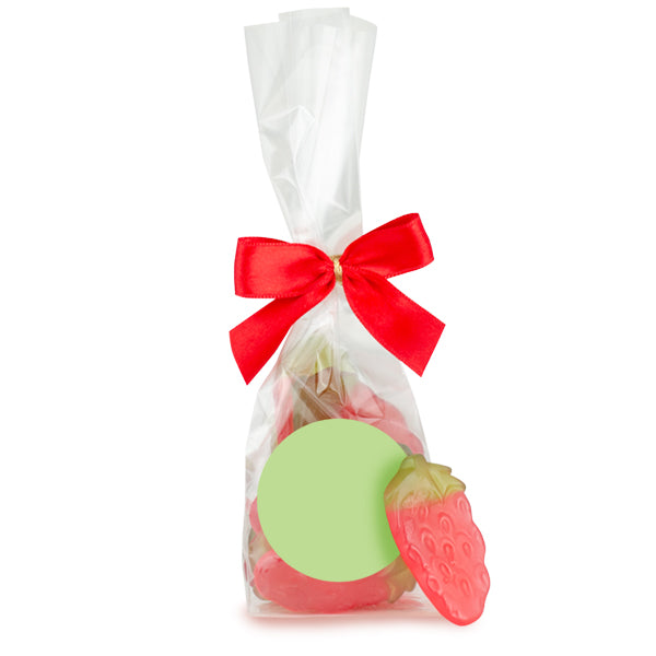 Fruchtgummi Erdbeeren im Flachbeutel 60 g mit Logo – Beispielmotiv