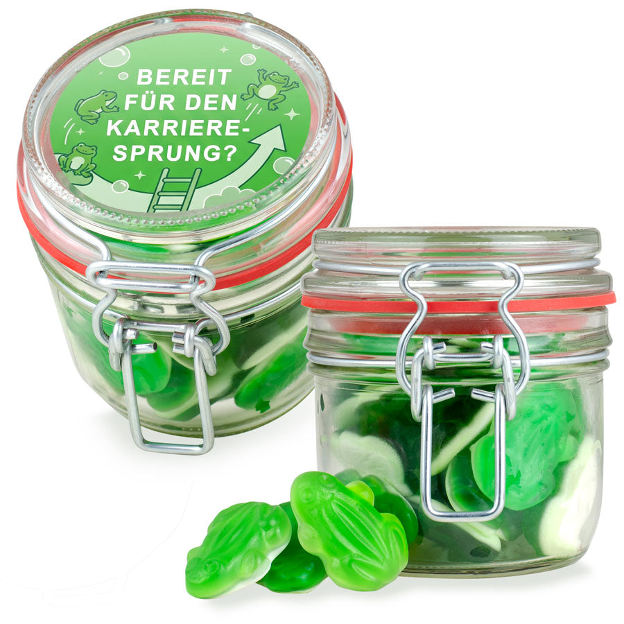 Fruchtgummi Frösche im Bügelglas S 160 g mit Logo – Beispielmotiv