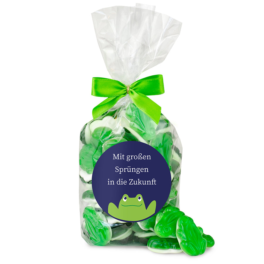 Fruchtgummi Frösche im Flachbeutel 250 g mit Logo – Beispielmotiv