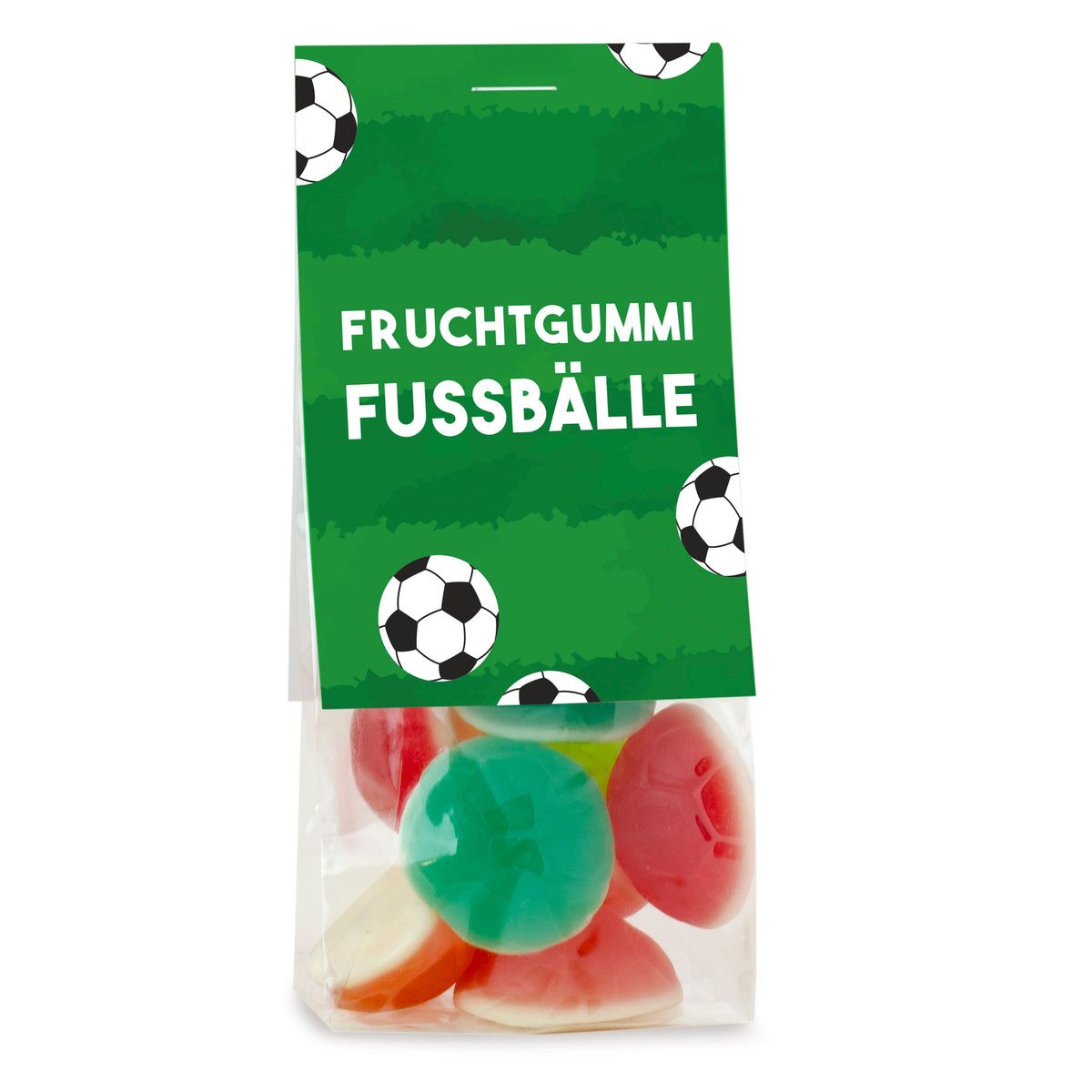 Fruchtgummi Fußbälle im Tütchen 50 g mit Logo – Beispielmotiv