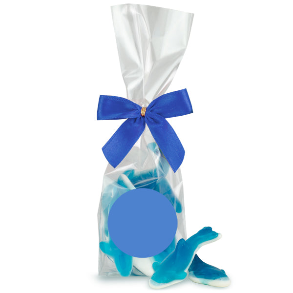 Fruchtgummi Haifische im Flachbeutel 80 g mit Logo – Beispielmotiv