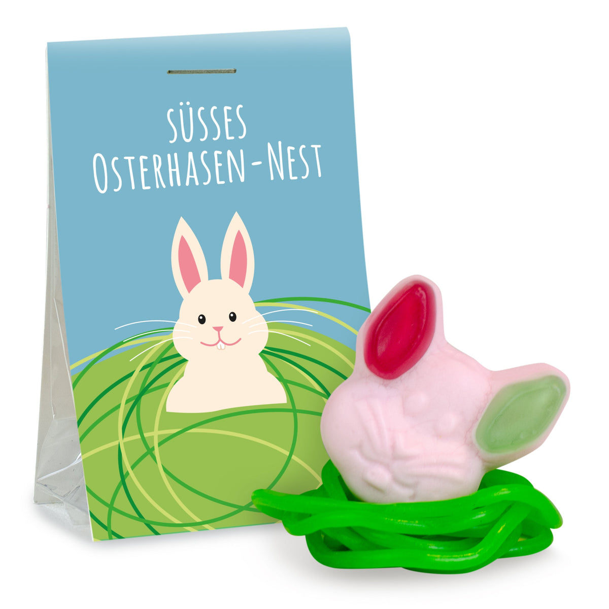 Fruchtgummi Hasennest mit Apfelschnüren 15 g zu Ostern mit Logo – Beispielmotiv