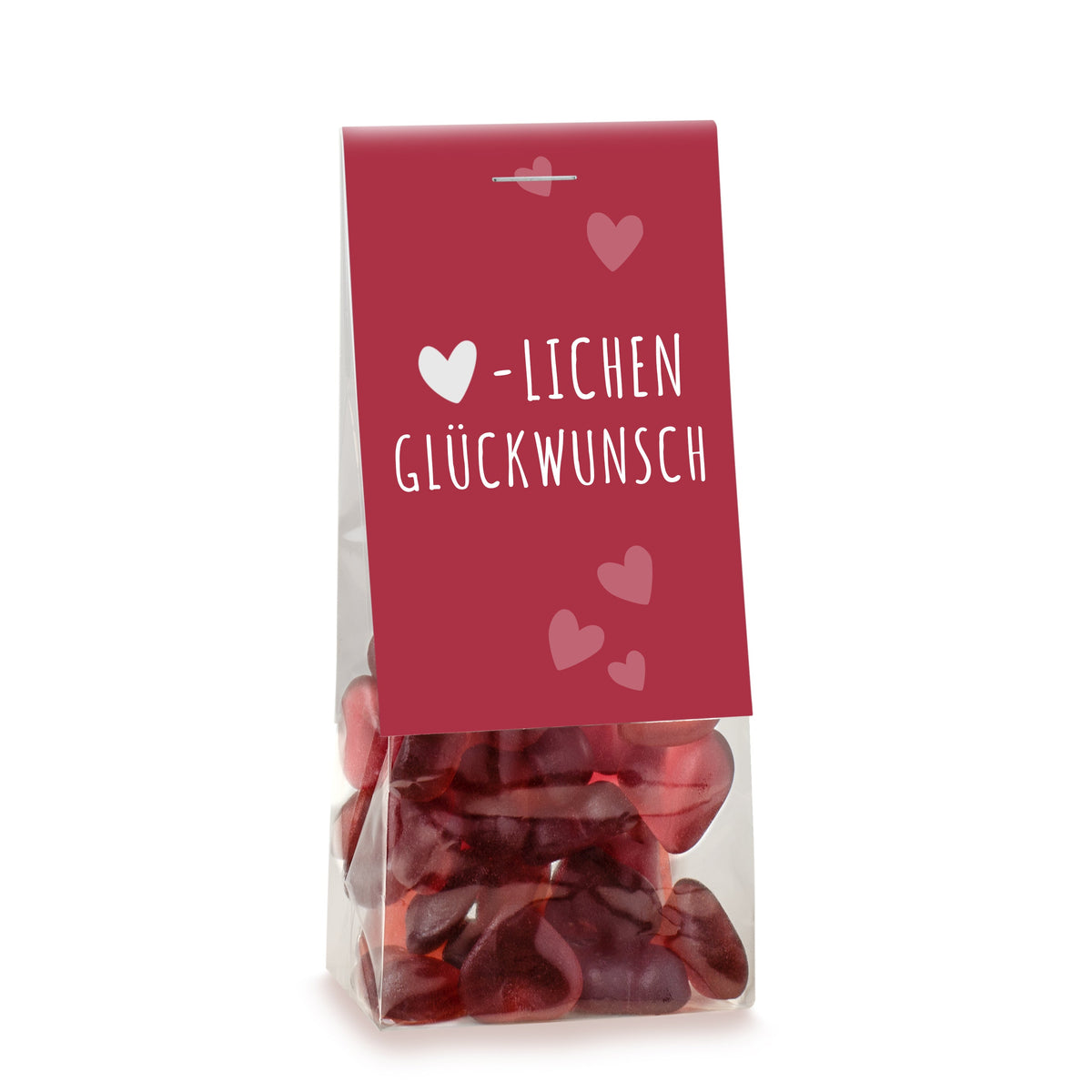 Fruchtgummi Herzen im Beutel 55 g mit Logo – Beispielmotiv