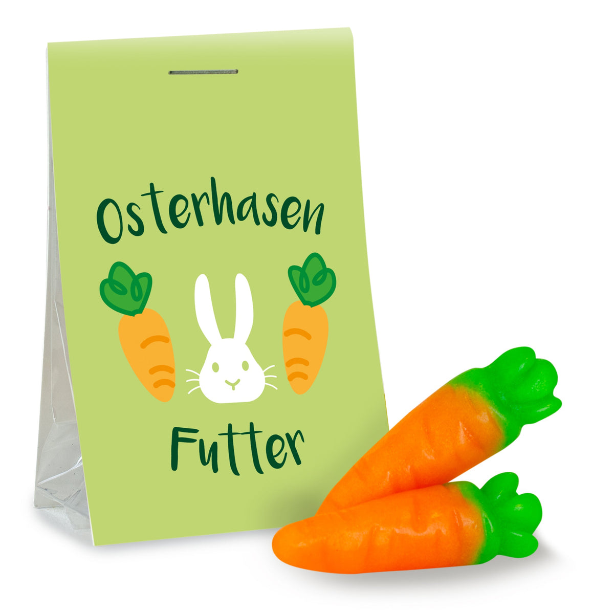 Fruchtgummi Karotten im Tütchen 15 g mit Logo – Beispielmotiv
