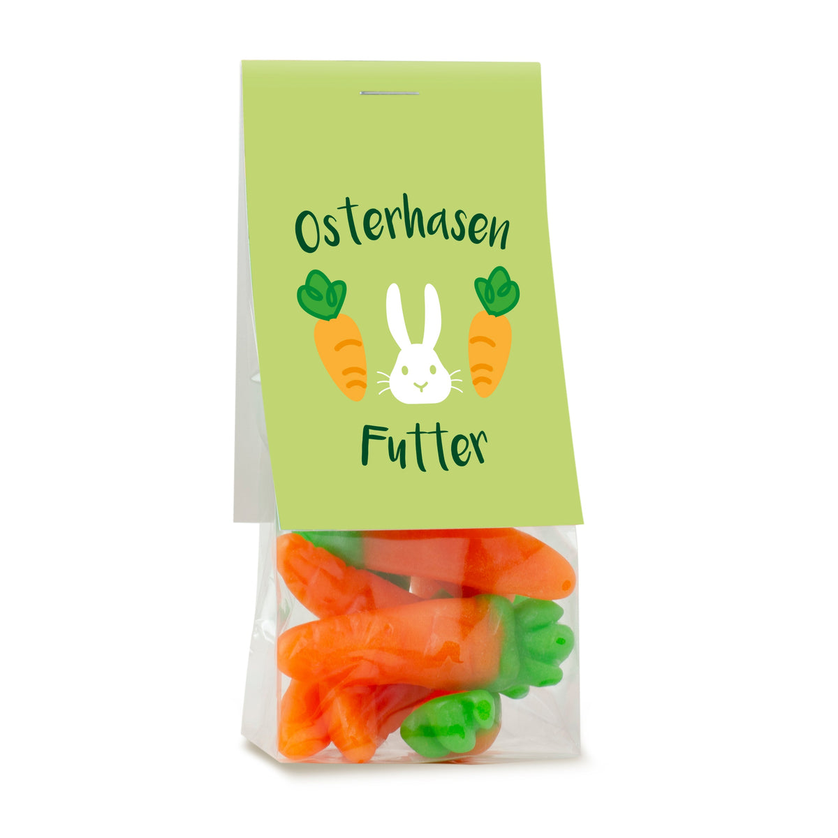 Fruchtgummi Karotten zu Ostern im Tütchen 50 g mit Logo – Beispielmotiv