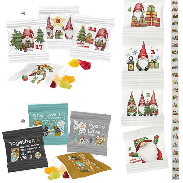Fruchtgummi Kette mit 24 nummerierten Tütchen im Design Weihnachtswichtel