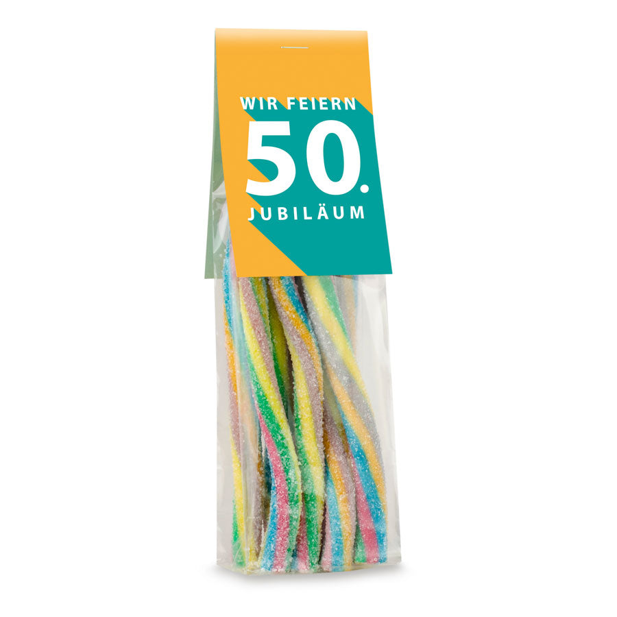 Fruchtgummi Konfektstangen im Beutel 105 g mit Logo – Beispielmotiv