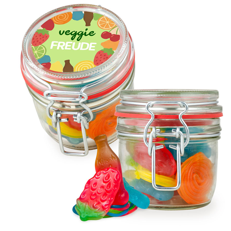 Fruchtgummi Mix im kleinen Bügelglas 160 g mit Logo – Beispielmotiv