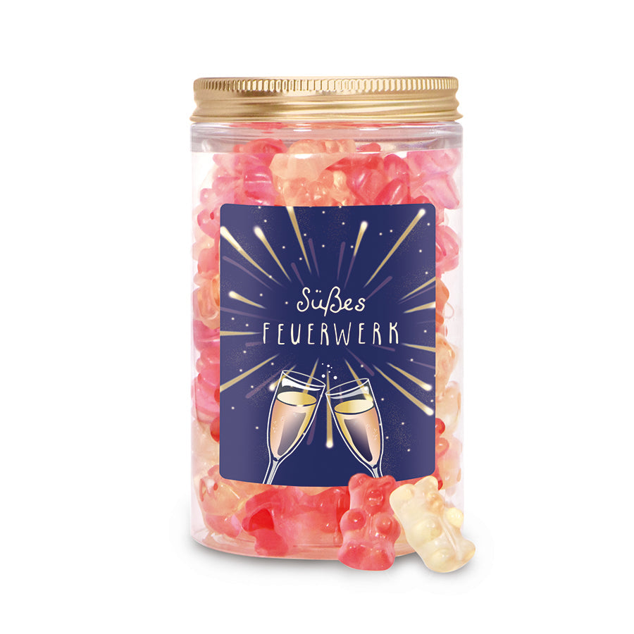 Fruchtgummi Prosecco Bären in der Dose 360 g mit Etikett