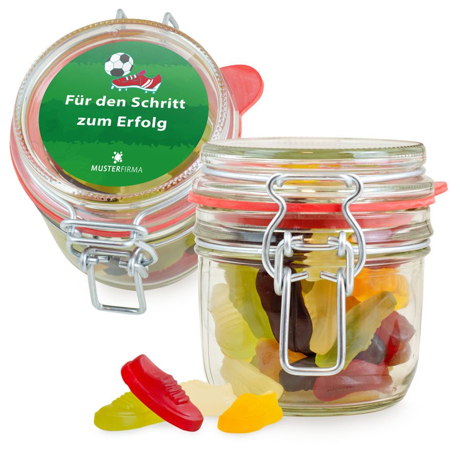 Fruchtgummi Schuhe im Bügelglas S 180 g mit Logo – Beispielmotiv
