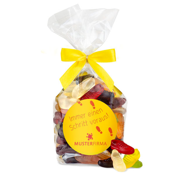 Fruchtgummi Schuhe im Flachbeutel 250 g mit Logo – Beispielmotiv