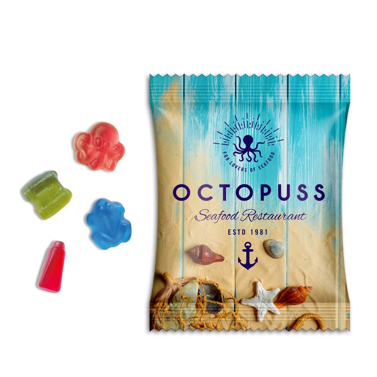 Fruchtgummi in individueller Sonderform im Werbetütchen