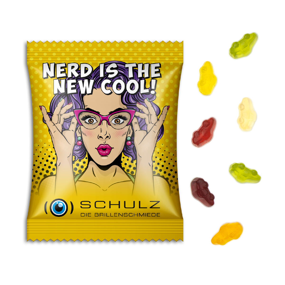 Fruchtgummi in Autoform im bedruckten Werbetütchen