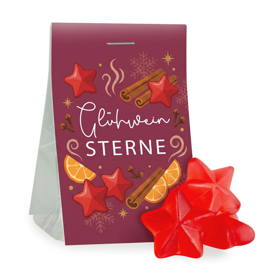 Fruchtgummi Sterne Glühwein Zimt im Tütchen 15 g mit Logo – Beispielmotiv