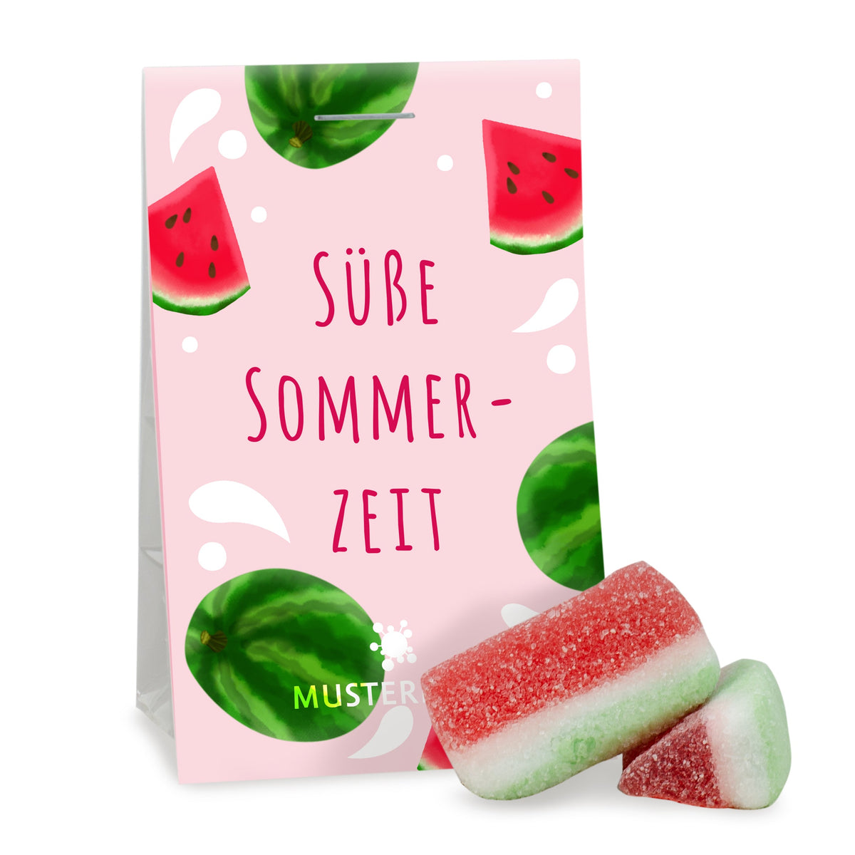 Fruchtgummi Wassermelone im Tütchen 15 g mit Logo – Beispielmotiv
