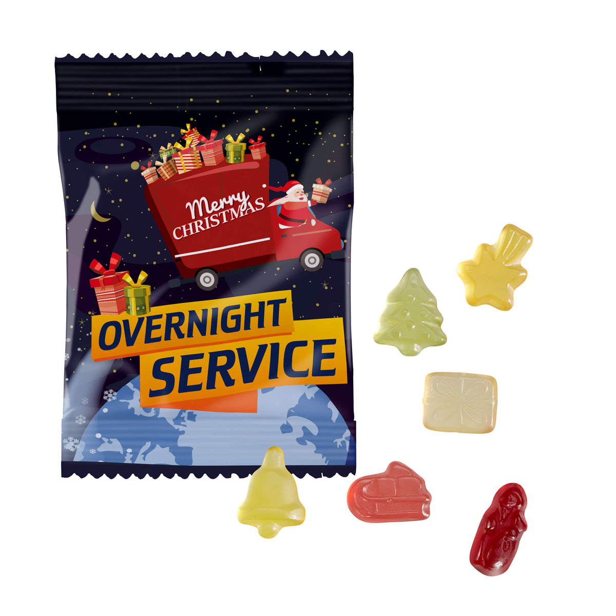 Weißes Werbetütchen mit weihnachtlichem Aufdruck und Fruchtgummi Weihnachtsmischung