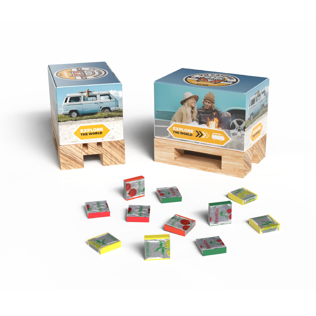 Kleine Geschenk Mini Palette aus Karton mit Fruchtkaramellen