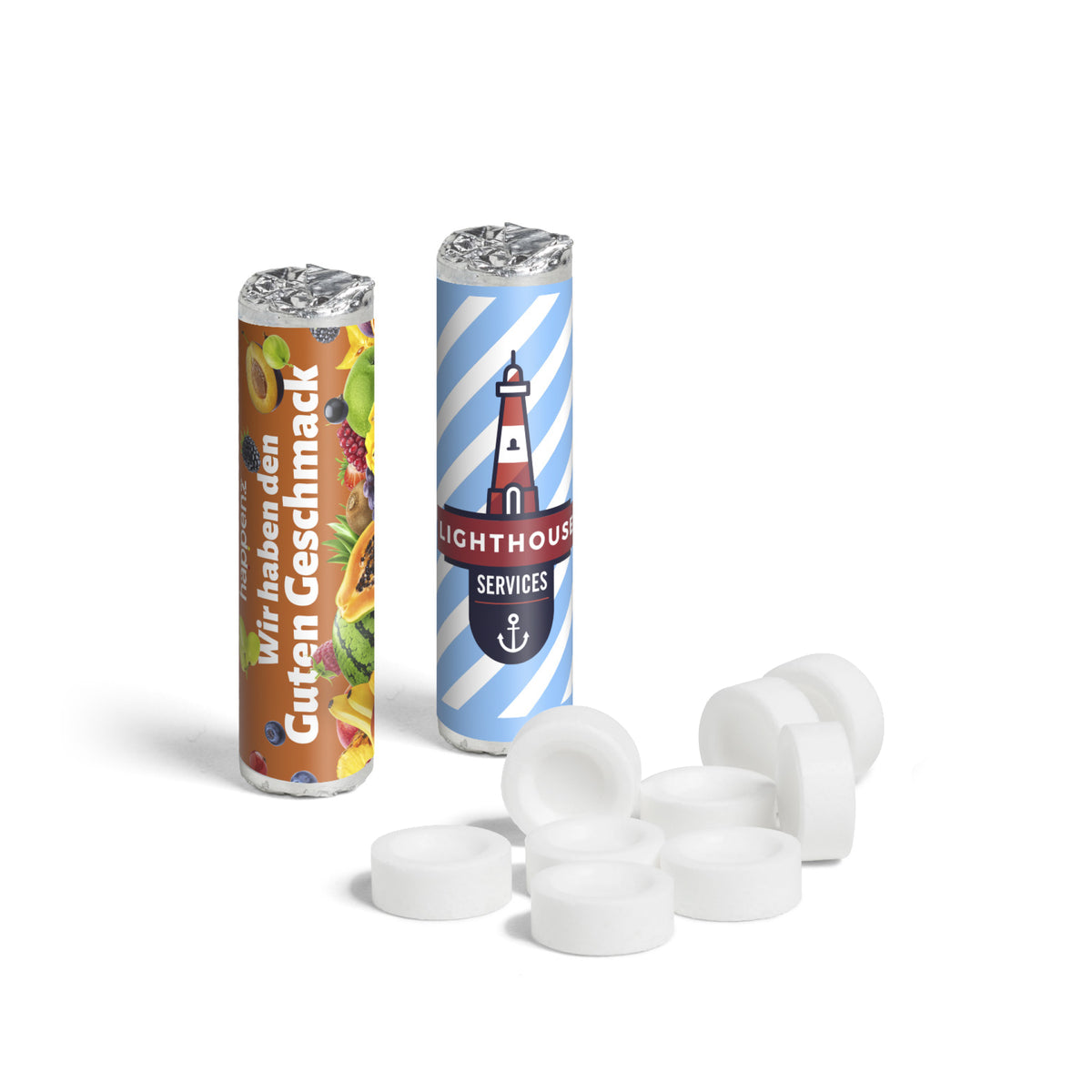 Rolle mit zwölf Fruchttabletten in Papierbanderole