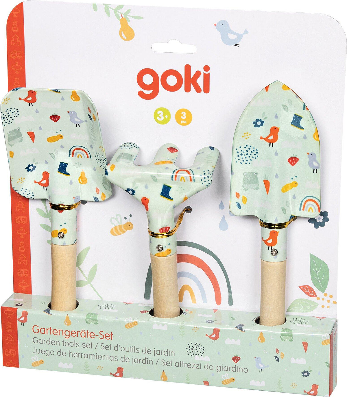 Gartengeräte Set in Mintgrün mit Vogel und Regenbogenmuster – Ansicht