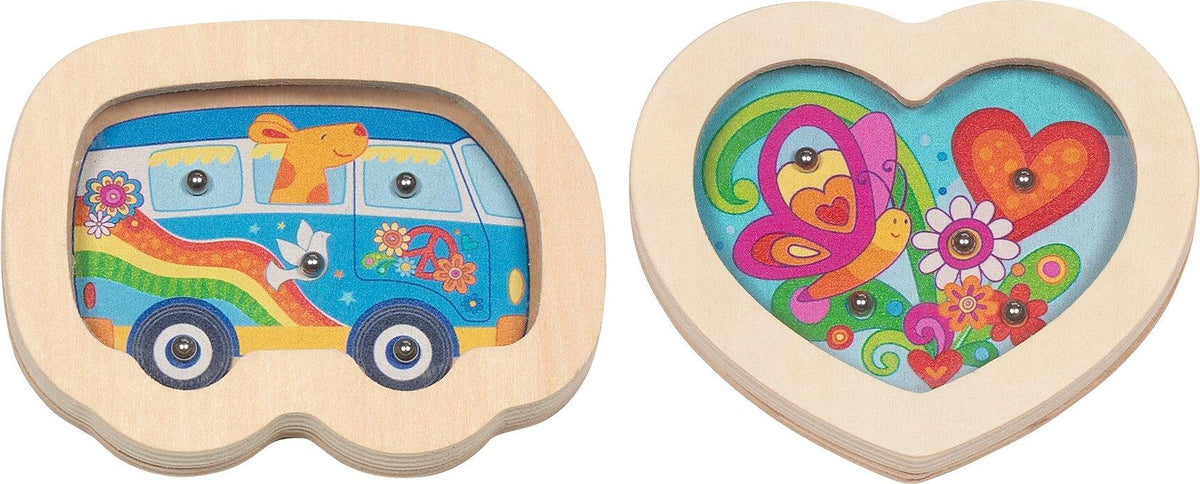 Geduldspiel Bus und Herz mit Stahlkugeln aus Holz