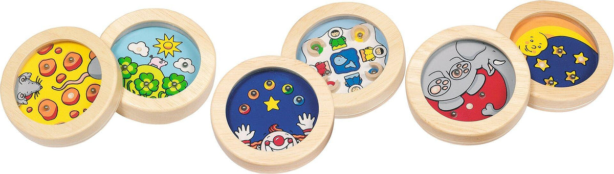 Geduldspiel mit Stahlkugeln, Ø 8 cm, sechs Motive
