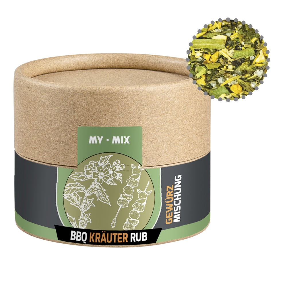 Gewürze und Salz in der kleinen Kraftpapierdose – Gewürzmischung BBQ Kräuter Rub, ca. 28 g