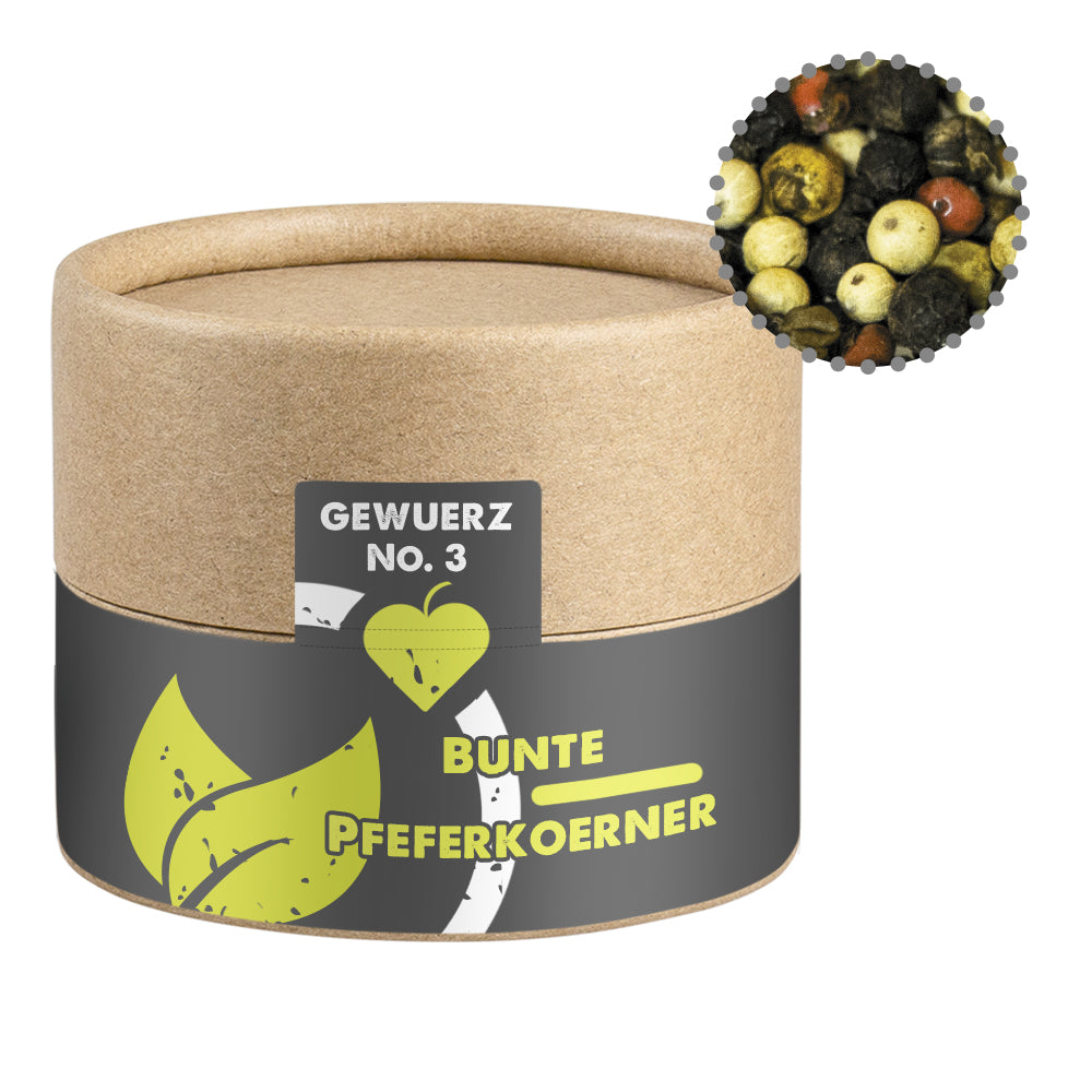 Gewürze und Salz in der kleinen Kraftpapierdose – Gewürzmischung bunte Pfefferkörner, ca. 38 g