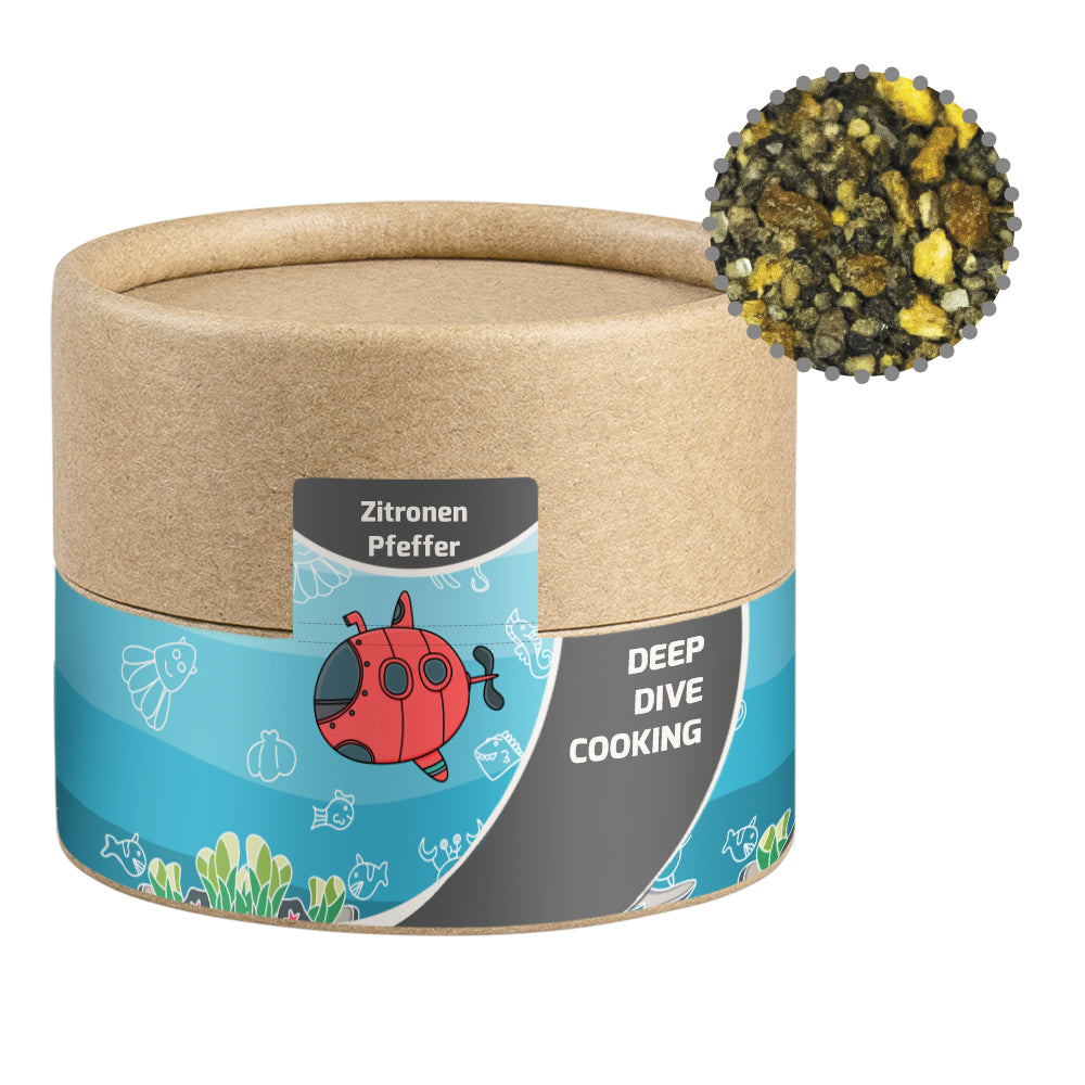 Gewürze und Salz in der kleinen Kraftpapierdose – Gewürzmischung Zitronen Pfeffer, ca. 40 g