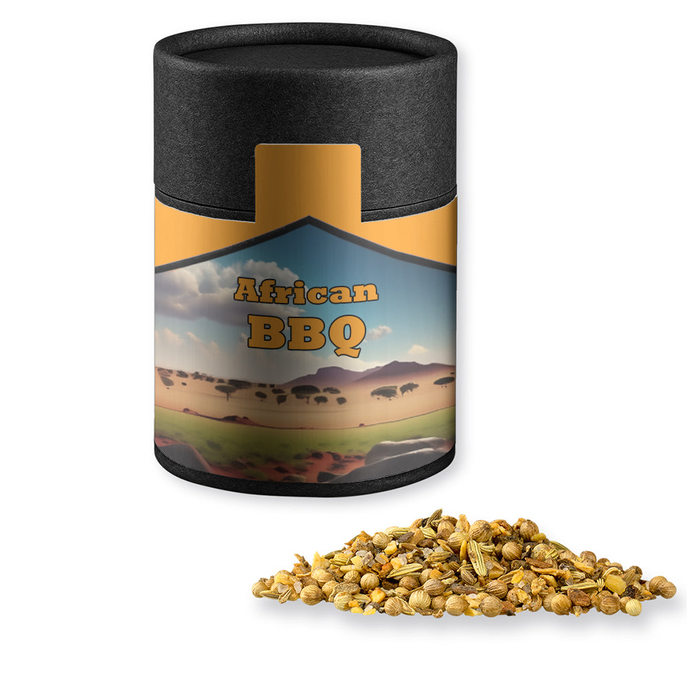 Gewürze und Salz in der schwarzen Kraftpapierdose – Gewürzmischung African BBQ, ca. 75 g