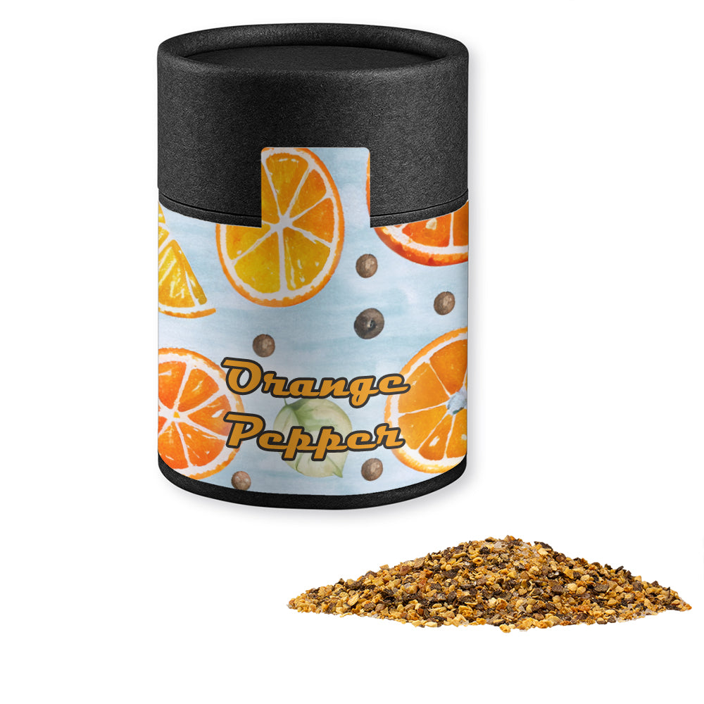 Gewürze und Salz in der schwarzen Kraftpapierdose – Gewürzmischung Orangen Pfeffer, ca. 75 g