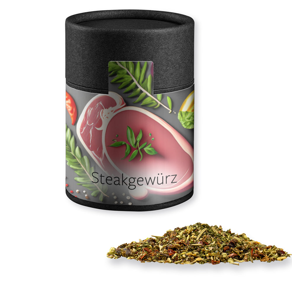 Gewürze und Salz in der schwarzen Kraftpapierdose – Gewürzmischung Steakgewürz, ca. 75 g
