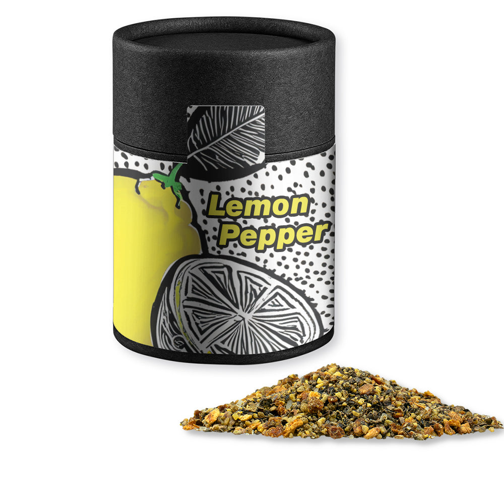 Gewürze und Salz in der schwarzen Kraftpapierdose – Gewürzmischung Zitronen Pfeffer, ca. 75 g