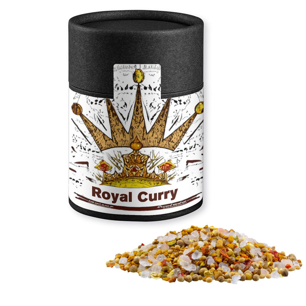 Gewürze und Salz in der schwarzen Kraftpapierdose – Royal Curry, ca. 110 g
